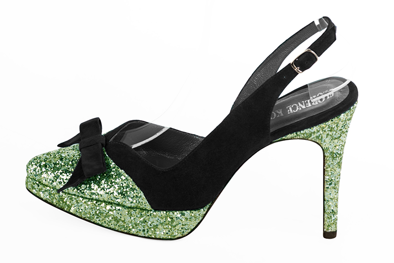 Mint green and matt black women's elegant sneakers. Tapered toe. Very high slim heel with a platform at the front. Profile view - Florence KOOIJMAN